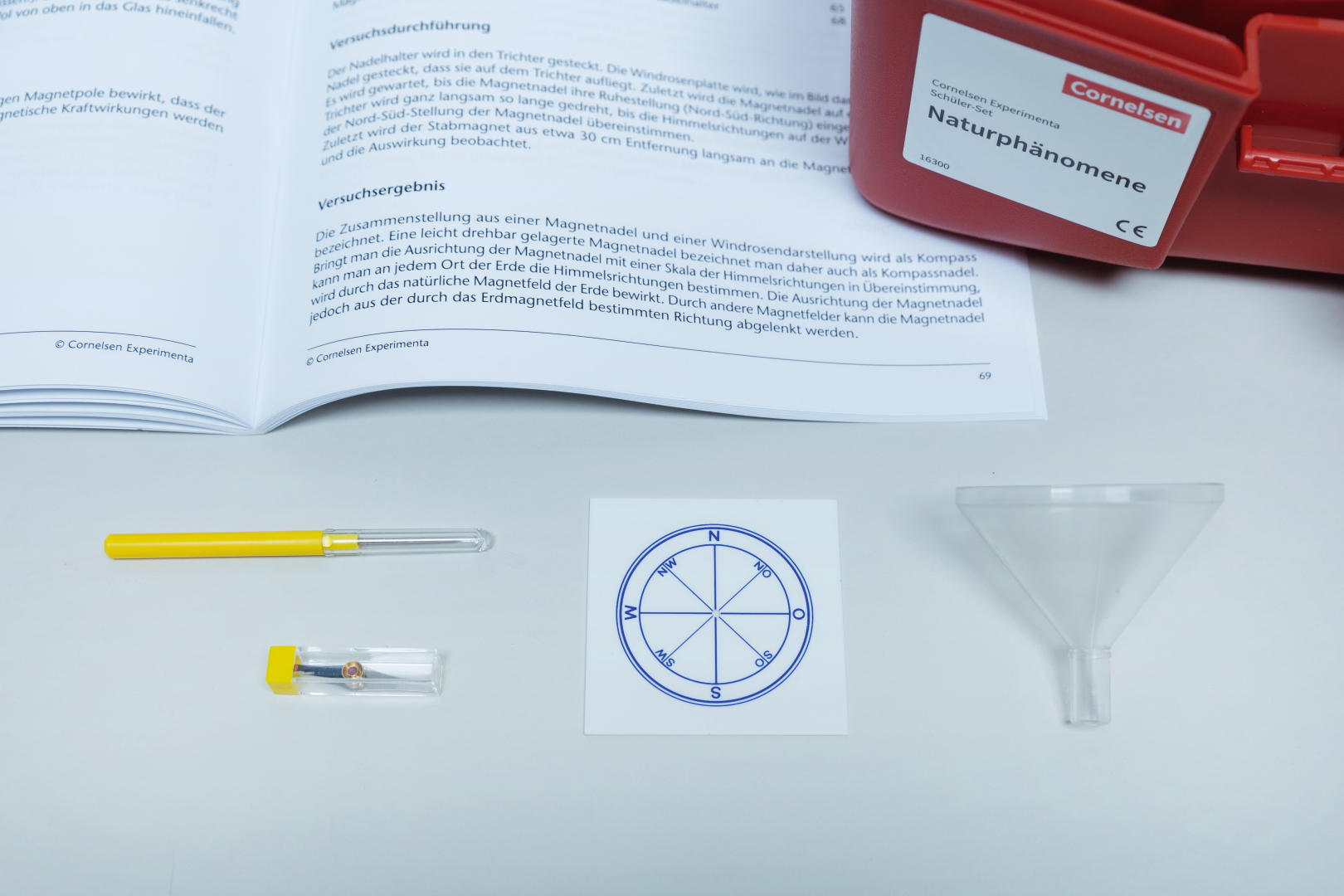 The picture shows an experiment kit for learning about natural phenomena, consisting of various materials such as a magnetic compass, a funnel, a glass tube and instructions. The included documentation explains the implementation and results of experiments on magnetic field alignment.