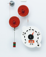 The picture shows a simple experimental device with two red pulleys and a scale for measuring the pulling force. A weight is attached to the scale, which shows the force in Newtons.