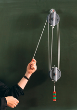 The image shows an experimental device for demonstrating pulleys hanging on a wall. A hand operates a cord connected to a weight, while another element is visible that illustrates the physical concept.
