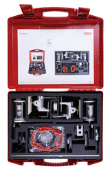 The picture shows a red case with experimental materials, which contains various components for physics experiments. The arrangement in the case is clear, with a variety of pulleys, cables and tools that can be used for teaching purposes.