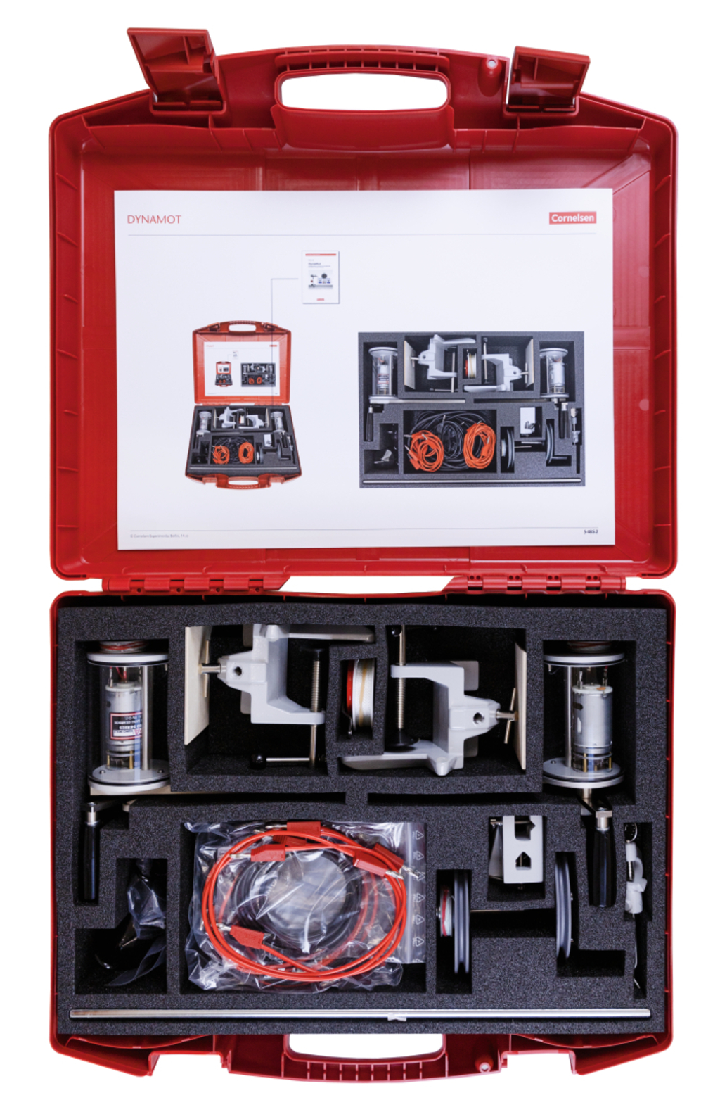 The picture shows a red case with experimental materials, which contains various components for physics experiments. The arrangement in the case is clear, with a variety of pulleys, cables and tools that can be used for teaching purposes.
