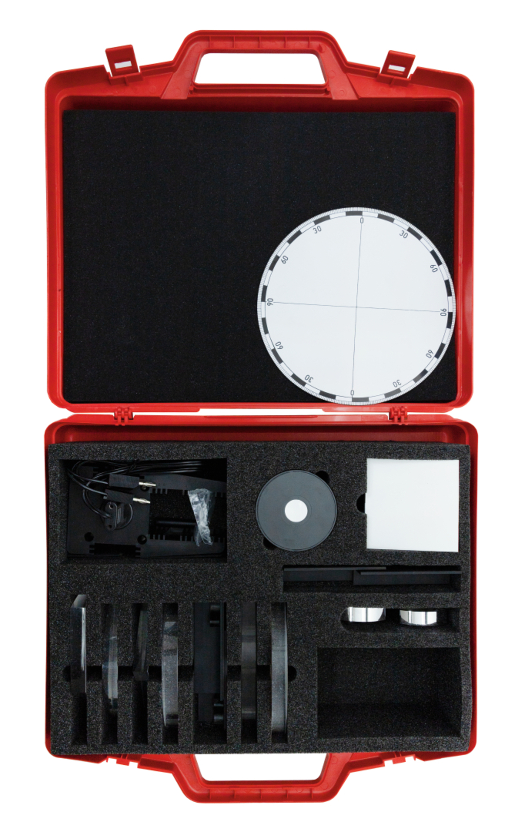 The picture shows a red suitcase that is equipped with various experimental materials for teaching. In the suitcase there is a large round disk, various small parts and accessories for carrying out physics experiments.