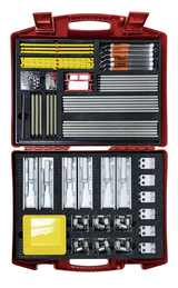 The image shows a red toolbox containing a variety of experiment materials including tubes, springs, clamps and measuring instruments. This equipment is designed for use in education and promotes hands-on learning through experimentation.