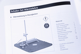 The picture shows instructions for a student thermodynamics kit that deals with heat conduction in liquids. It lists the materials needed, including a profile and static rod and other equipment for experiments.
