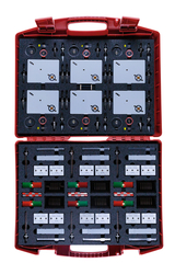 The picture shows a red case containing a variety of experimental materials. The equipment includes various measuring devices and accessories intended for use in education.