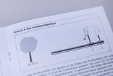 The image shows instructions for an experiment on how the normal eye works. It includes a graphic representation of a tree line of sight and a schematic illustration of the lenses and rails used.