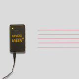 The picture shows a compact device called &quot;electronic RAYBOX LASER&quot; that generates a laser beam. The beam is shown as several red lines extending from the device to the right.