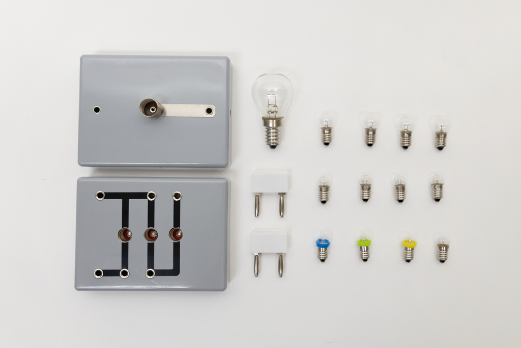 The picture shows an experiment set with two grey components connected to electrical circuits and various light bulbs in different colours. It also includes two plugs that can be used for the electrical connections.