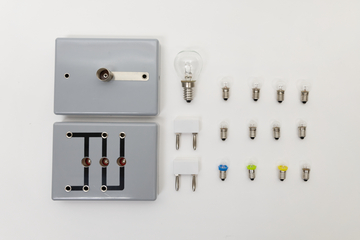 The picture shows an experiment set with two grey components connected to electrical circuits and various light bulbs in different colours. It also includes two plugs that can be used for the electrical connections.