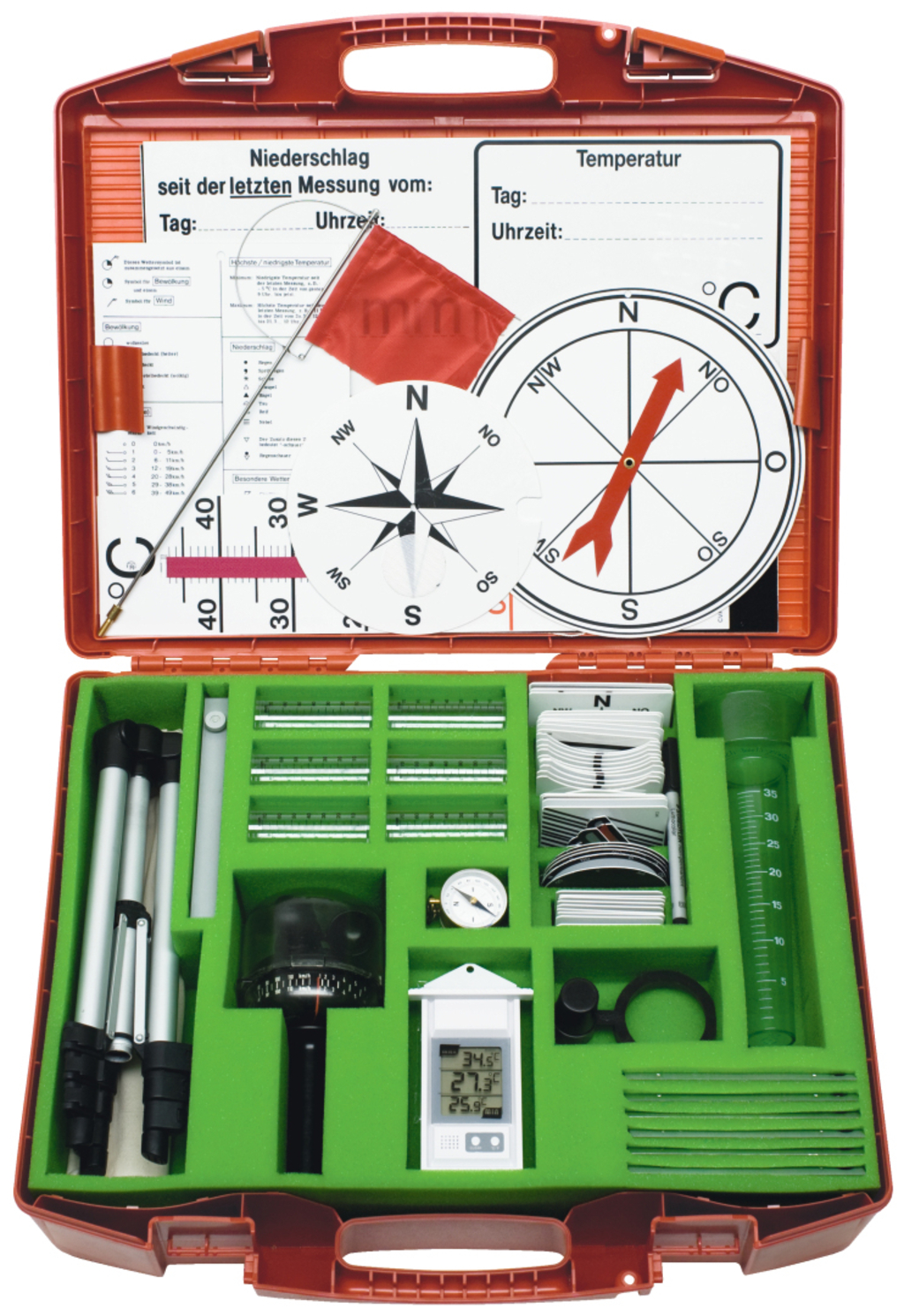The picture shows a red storage box equipped with various measuring instruments and accessories for experiments. Included are a thermometer, a barometer, a compass, measuring cups and materials for weather observation.