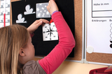 The picture shows a child pinning a compass card to a black cork board. In the background there are pictures of clouds and snowflakes as well as a board with explanations of the measuring height.