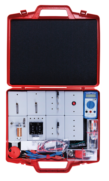 The picture shows a red case equipped with various experimental components and a multimeter. The individual parts are arranged in a structured manner and offer a wide range of possibilities for practical experiments in the educational sector.