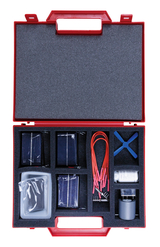 The picture shows a red suitcase containing various experimental materials, including solar cells, wires, a small motor, and accessories for scientific experiments. The suitcase is padded and neatly arranged to transport the parts safely.