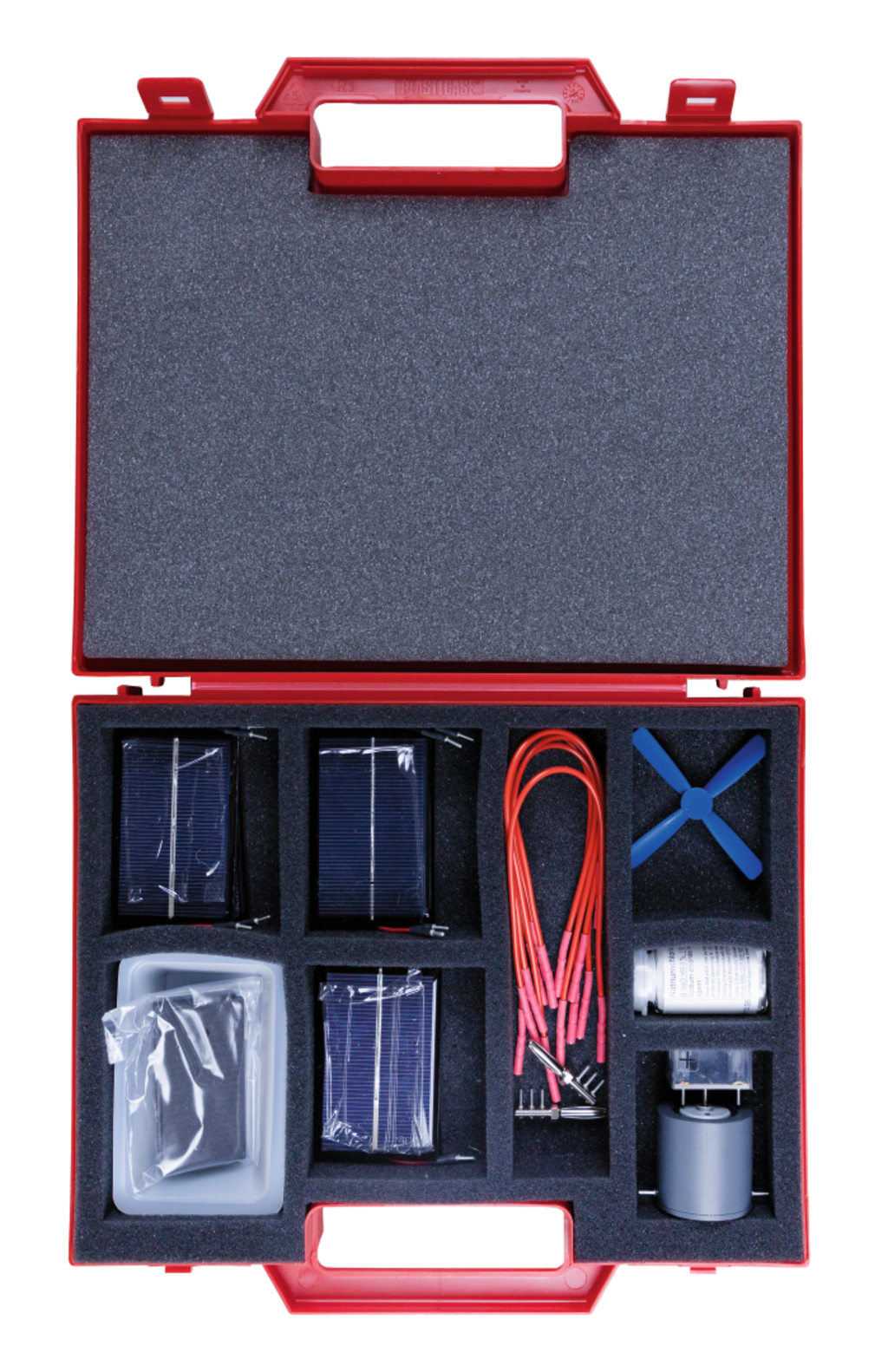 The picture shows a red suitcase containing various experimental materials, including solar cells, wires, a small motor, and accessories for scientific experiments. The suitcase is padded and neatly arranged to transport the parts safely.