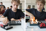 The picture shows a boy working with an experiment kit containing electronic components in a classroom. He is testing the circuits while other students work on their projects in the background.