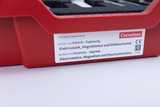The picture shows a red box for a student electricity experiment kit that covers concepts of electrostatics, magnetism and electrochemistry. The box probably contains materials for practical educational experiments.