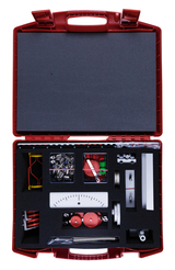 The picture shows a red suitcase containing various experimental materials, including wheels, a scale and various metal parts. The suitcase is ideal for use in education and promotes hands-on learning through experiments.