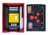 The picture shows an experiment box that is divided into two compartments and contains various physical components. The left side contains a yellow bowl and rods, among other things, while the right side provides rollers, weights and other materials for experiments.