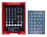 The picture shows a red container with various electronic components placed in foam, as well as a connectable board with circular holes. These materials are used to carry out experiments in schools.