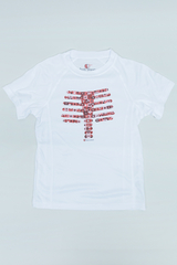 The image shows a white T-shirt with a print depicting the human rib pattern, made up of different colored symbols. It is an experimental product that can potentially be used for educational purposes in the field of biology.