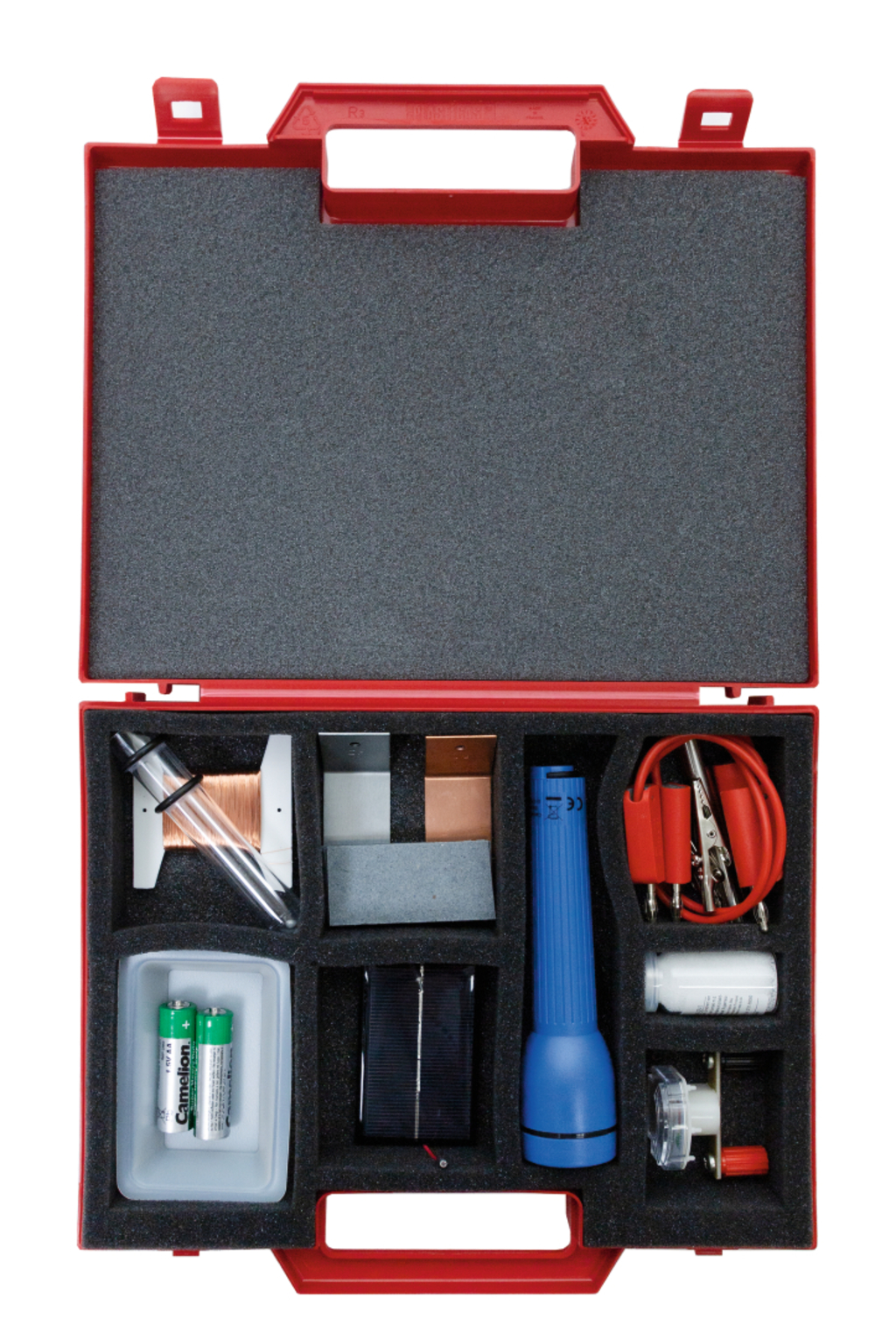 The picture shows a red box equipped with materials for experiments. The items included include a flashlight, batteries, copper wires and various connectors that can be used for school experiments.