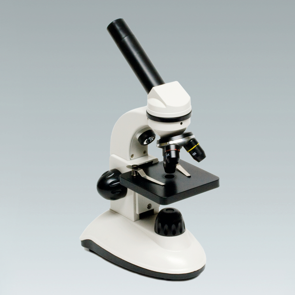 The picture shows a microscope used for educational purposes. It has a robust design with multiple lenses and a stable base, ideal for experiments in the laboratory.
