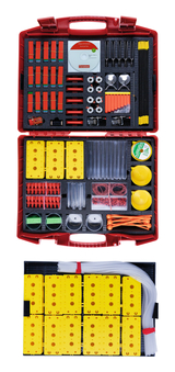 The picture shows a red suitcase filled with various experimental materials, including tubes, connectors, balls and other components. This equipment is used to conduct experiments in educational settings.