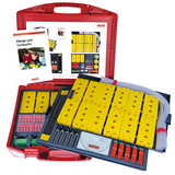 The picture shows an experiment kit in a red case designed for investigating sounds and noises. The case contains various yellow components, accessories and instructions to enable students to learn experimentally.