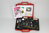 The picture shows an experiment kit on the topic of magnetism, packed in a red case. The case contains various materials and instructions that can be used for teaching in the German education system.
