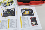 The image shows an overview of various experimental materials from a teaching set designed for use in the German education system. In addition to the image of the materials included, article names and order numbers are also listed.