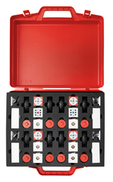The picture shows a red suitcase equipped with various experimental materials. Inside there are several compartments with mechanical components, including wheels and various connectors that can be used for educational purposes.