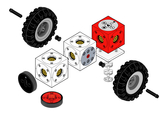 The image shows an exploded view of a construction kit with various cube-shaped modules and a wheel. The parts are arranged schematically and show the components needed to assemble a model.