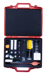 The red case contains various laboratory utensils and chemicals suitable for educational experiments. The layout shows test tubes, pipettes, measuring beakers, and other essential materials for conducting scientific experiments.