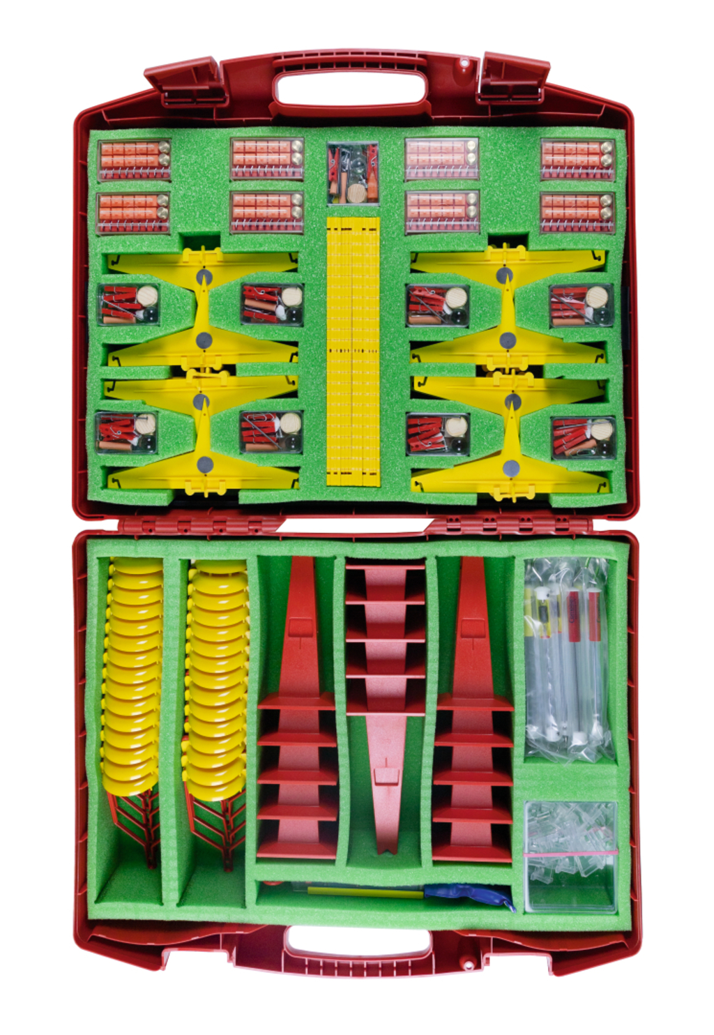 A sturdy plastic box contains various experimental materials suitable for educational use. It includes electrical components, tubing, measuring devices, and fixtures that can be used for various physics experiments.