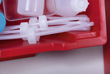 The red container contains various laboratory supplies, such as transparent tubing and small vials. These materials are ideal for educational experiments.