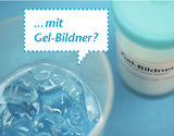 A glass of blue liquid shows a gel-like substance. Next to the glass is a container labeled &quot;Gel Former,&quot; indicating a product for experiments.