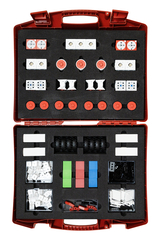 A red case contains a variety of experimental materials, including components in different colors and shapes, as well as mechanical elements. This collection is ideal for hands-on learning activities in educational settings.