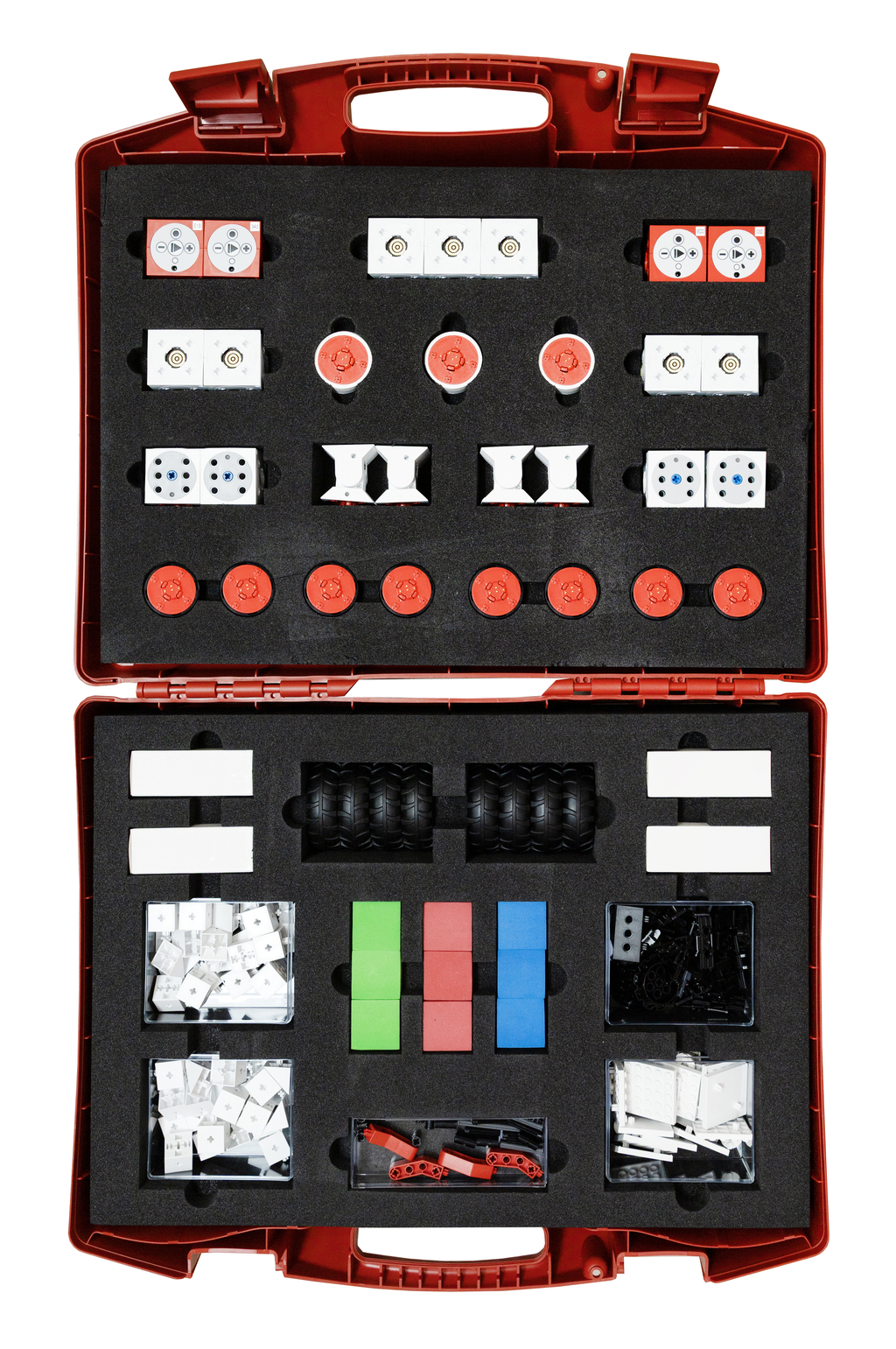 A red case contains a variety of experimental materials, including components in different colors and shapes, as well as mechanical elements. This collection is ideal for hands-on learning activities in educational settings.
