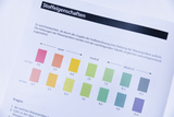 Eine Anleitung zu Stoffeigenschaften zeigt eine pH-Wert-Farbskala von sauer über neutral bis alkalisch. Darunter sind verschiedene Farbfelder mit zugehörigen pH-Werten für den Vergleich von Wasserproben aufgelistet.